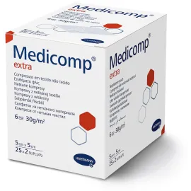 Medicomp Extra 5 х 5 см, стерильні серветки з нетканого матеріалу, Розмір серветок: 5см х 5 см - 25 шт, Кількість: 25 шт., Тип: 6-ти шарові