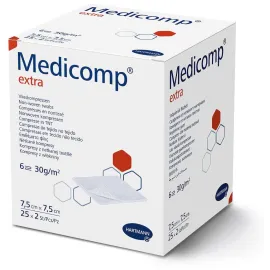 Medicomp Extra 7,5 х 7,5 см, стерильні серветки з нетканого матеріалу, Розмір серветок: 7.5см х 7.5 см - 25 шт, Кількість: 25 шт., Тип: 6-ти шарові