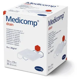 Medicomp Drain 7,5 х 7,5 см, стерильні серветки з нетканого матеріалу з розрізом, Розмір серветок: 7.5см х 7.5 см - 25 шт, Кількість: 25 шт., Тип: 6-ти шарові з надрізом