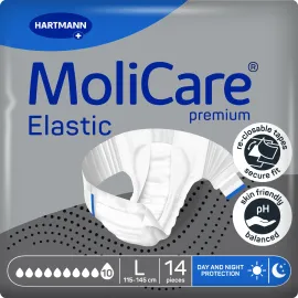 Підгузки нічні для дорослих, які страждають на нетримання, MoliCare Premium Elastic 10 крапель розмір L 14шт/пак, Розмір підгузників: L, Кількість крапель: 10