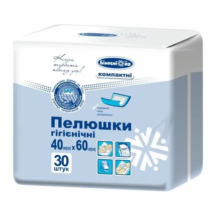 Пелюшки гігієнічні "Білосніжка", 40см*60см, компактні 30 шт., Розмір пелюшок: 40 х 60 см