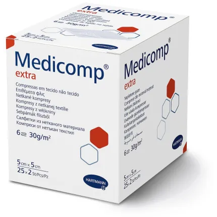 Medicomp Extra 5 х 5 см, стерильні серветки з нетканого матеріалу, Розмір серветок: 5см х 5 см - 25 шт, Кількість: 25 шт., Тип: 6-ти шарові
