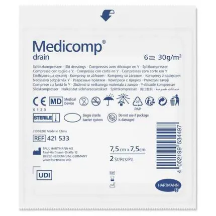 Medicomp Drain 7,5 х 7,5 см, стерильні серветки з нетканого матеріалу з розрізом, Розмір серветок: 7.5см х 7.5 см - 25 шт, Кількість: 25 шт., Тип: 6-ти шарові з надрізом, зображення 2