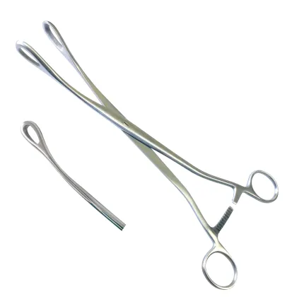 Затискач гінекологічний для абортів вікончастий зігнутий Saenger. Довжина 27 см, ширина 17 мм