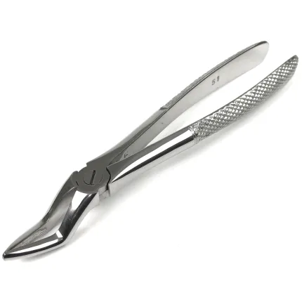 Щипцы со средними губками для удаления корней зубов верхней челюсти №51. Длина 18,5 см, ширина 5 мм.