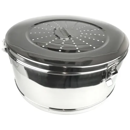 Стерилізаційна коробка з нержавіючої сталі з фільтром по KONRICH. Діаметр 340 мм