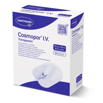 Пов’язка плівкова для фіксації внутрішньовенних канюль Cosmopor® I.V. Transparent 12см х 10см 1шт, Розмір пластиру: 12 см х 10 см, Кількість: 1 шт.
